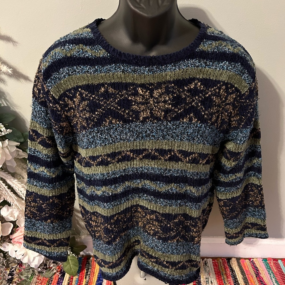 80s Ski Sweater Stripe Blue Green Medium Vintage